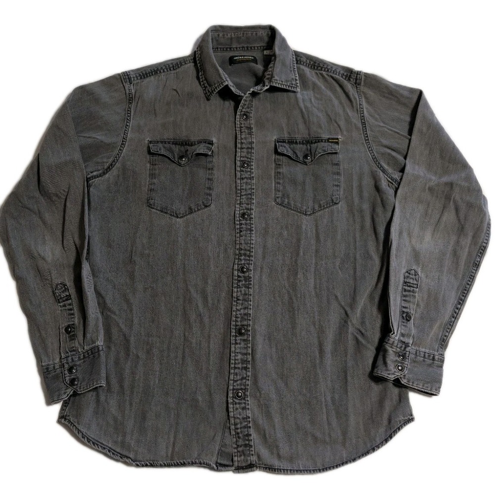 Jack & Jones Jeans Intelligence Gray Denim Snap Button Up‎ Shirt Men's Large